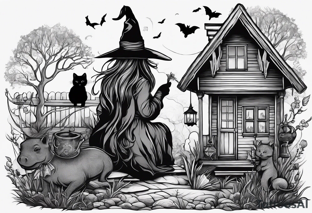 Thin witches silhouette with a beautiful witches broom a black kitty and a Siamese kitty and a tiny house hippo tattoo idea