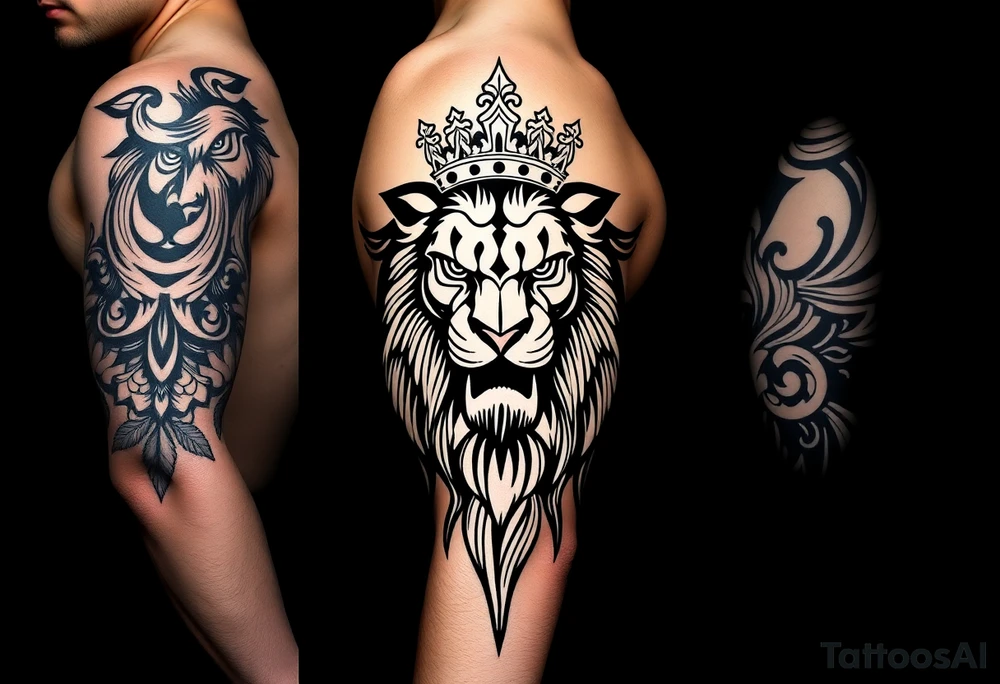 majestic lion wearing ornate crown, surrounded by baroque flourishes tattoo idea