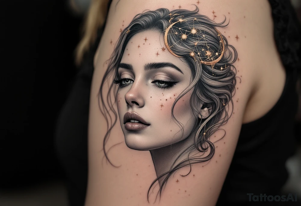A realistic maiden’s face in grayscale is crowned with Virgo’s constellation in glittering copper tones. tattoo idea