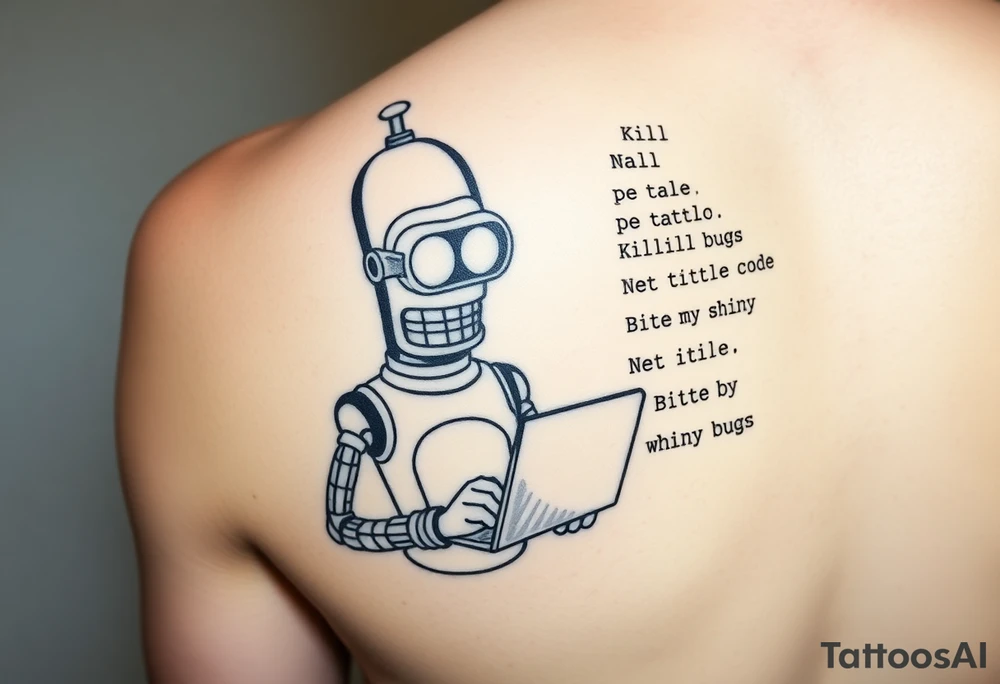 Tattoo design of a humorous robot inspired by Bender from Futurama, holding a laptop or typing on a keyboard, surrounded by lines of code in a programming language like C#. Include funny text like 'Kill all bugs' or 'Bite my shiny code'. Make it detailed but in a cartoon/comic style. tattoo idea