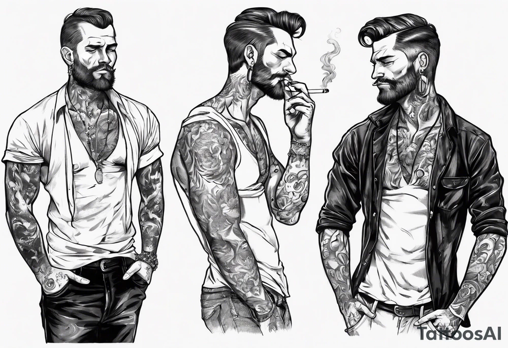 One handsome man with a bare torso, full-length, no hat, earrings in his ears stands smoking a cigarette tattoo idea