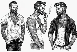 One handsome man with a bare torso, full-length, no hat, earrings in his ears stands smoking a cigarette tattoo idea