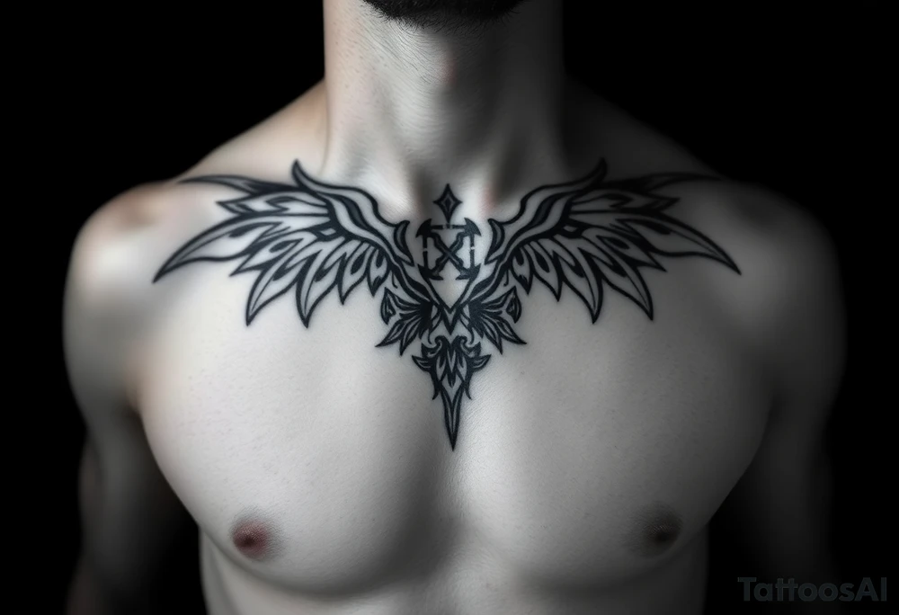 Symetrical upper chest tattoo, dark, animal icelandic symbols, bigest , chest tattoo tattoo idea