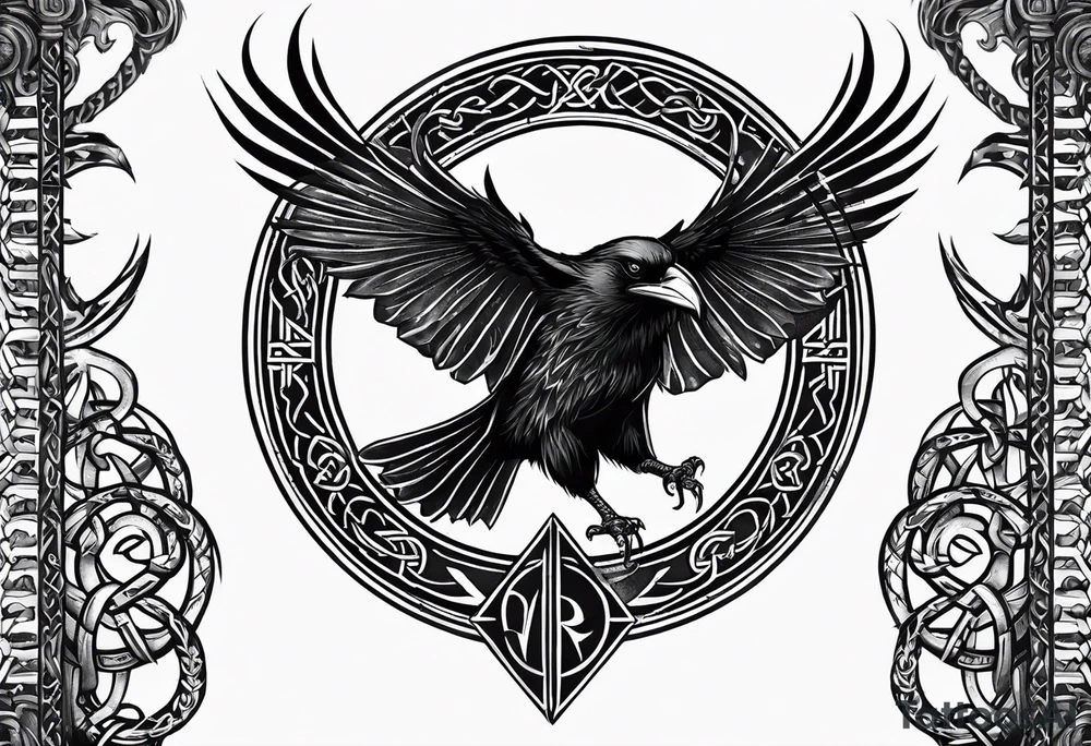 Black and white odins raven in a Norse rune style for placement on the neck with the ravens wings going up the sides of the neck. Norse knots and runes throughout tattoo idea