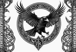 Black and white odins raven in a Norse rune style for placement on the neck with the ravens wings going up the sides of the neck. Norse knots and runes throughout tattoo idea