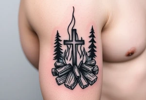 Campfire with cross hidden in the flames include the great outdoors tattoo idea
