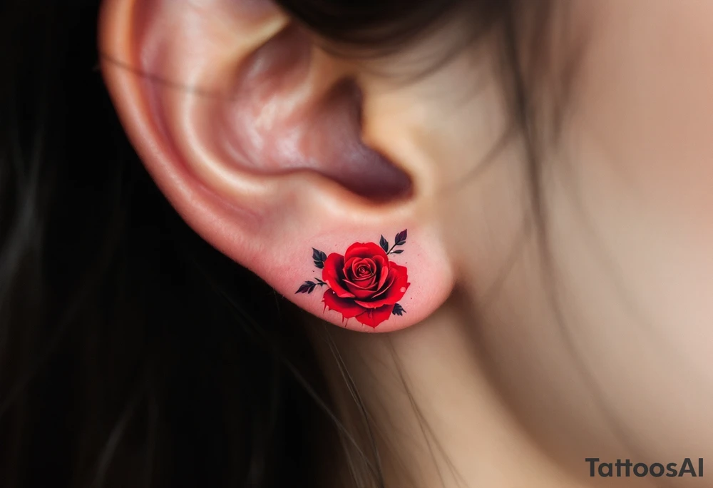 Tiny roses with dripping ink style, done in dark crimson and black, placed behind the ear. tattoo idea