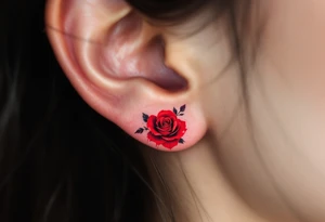 Tiny roses with dripping ink style, done in dark crimson and black, placed behind the ear. tattoo idea