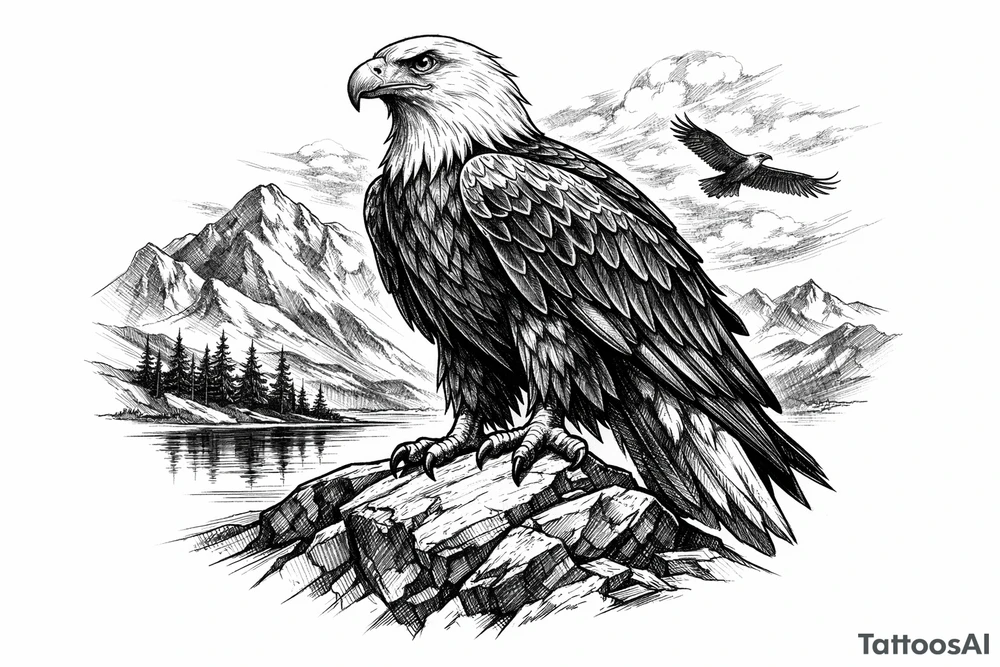 an eagle standing on a rock,landscape. tattoo idea