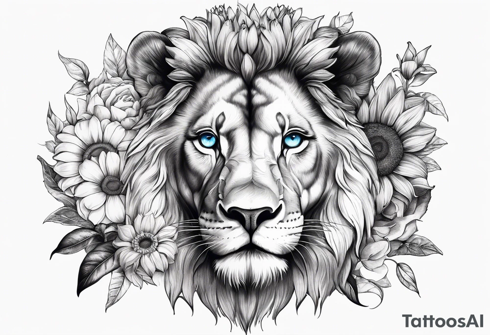 Lion with blue eyes with sunflowers, roses, gerberas and lillys. Including pocket watches. tattoo idea