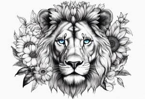 Lion with blue eyes with sunflowers, roses, gerberas and lillys. Including pocket watches. tattoo idea
