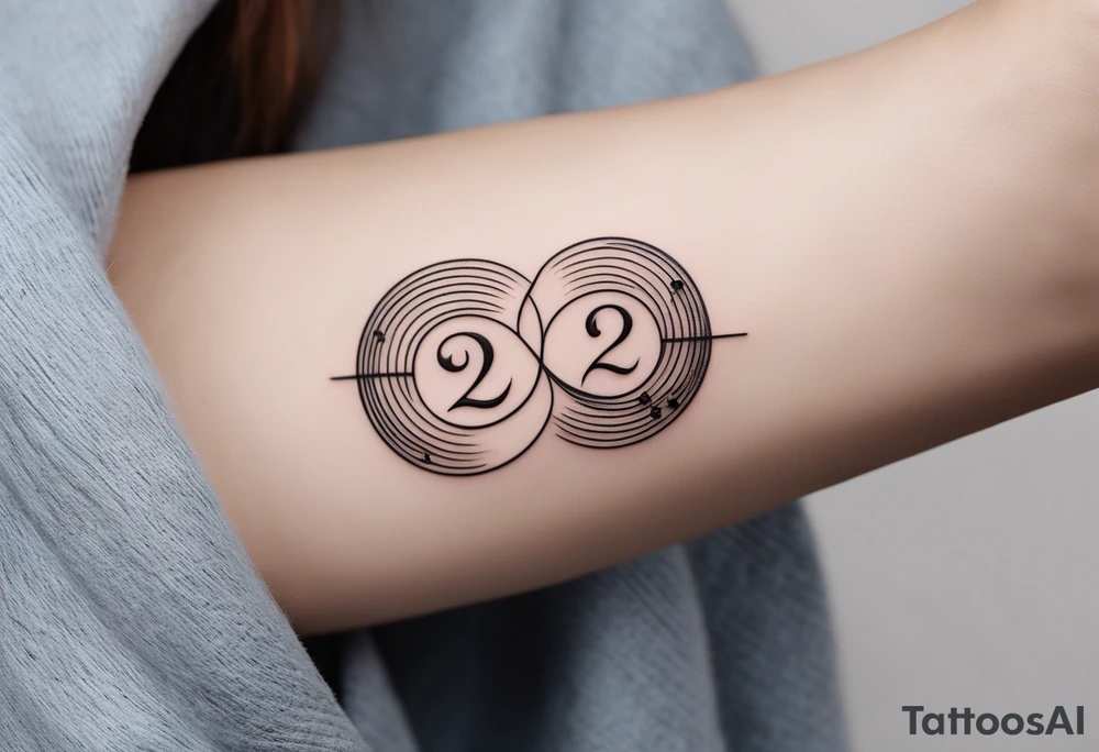Minimalist tattoo with ultra-thin lines, where the number 22 is the main element, representing luck and eternal love with my girlfriend. The design should be subtle and elegant, with an abstract or geometric detail symbolizing our bond and special connection. Ideally in black and white, with a modern and timeless style, perfect for the forearm, chest, or behind the ear tattoo idea