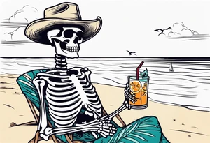 skeleton wearing a button up hawaiian shirt relaxing on the beach with a drink tattoo idea