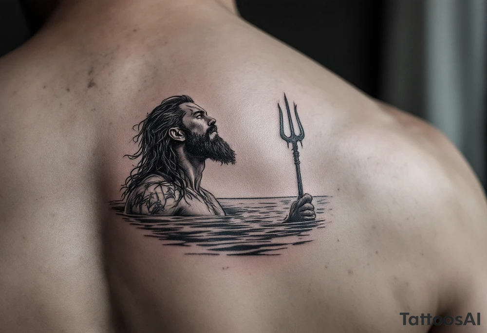 fit poseidon, with trident, in calm water, looking at the sky tattoo idea