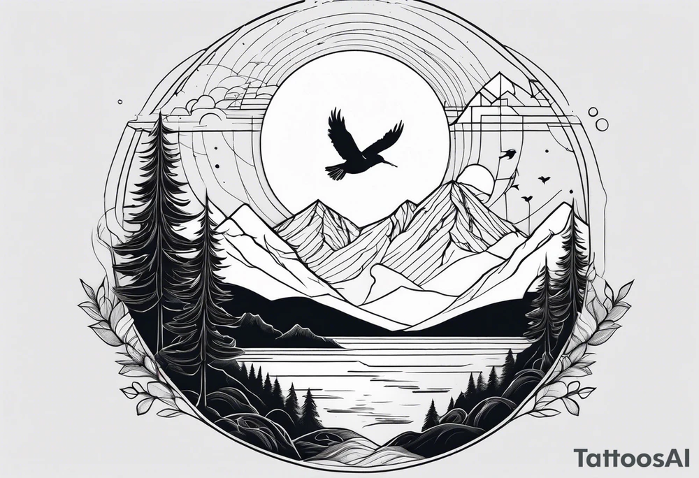 Geometric nature tattoo with moutains, lake, forest, birds and a moon. Should fit on the forearm. tattoo idea