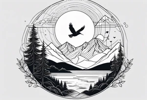Geometric nature tattoo with moutains, lake, forest, birds and a moon. Should fit on the forearm. tattoo idea