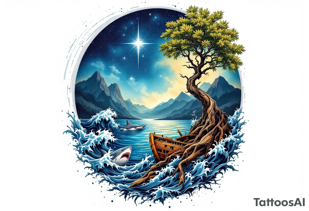 tattoo that has an acacia tree with mountains, ocean with a ship wreck with sharks and the bright northern star tattoo idea