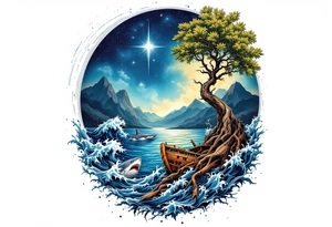 tattoo that has an acacia tree with mountains, ocean with a ship wreck with sharks and the bright northern star tattoo idea