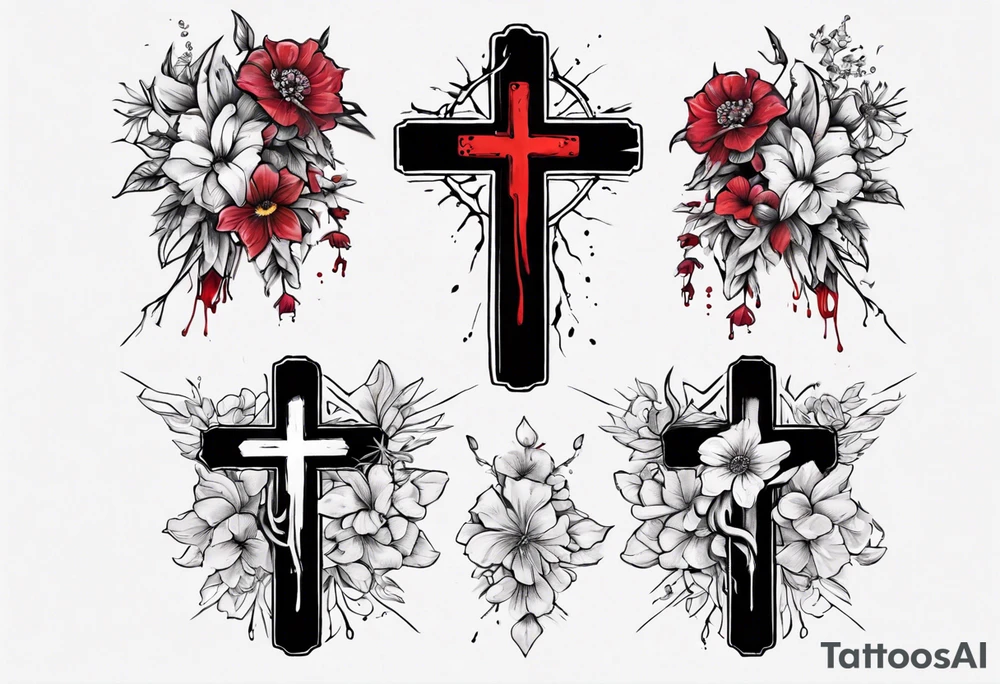 a bleeding cross covered in flowers tattoo idea