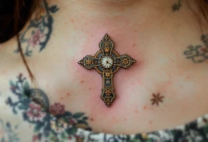 Vintage Cross with Clockwork Design – A very tiny vintage bronze cross featuring intricate clock gears in gold and rust, combining faith and time, with some soft shading in the back of a neck. tattoo idea