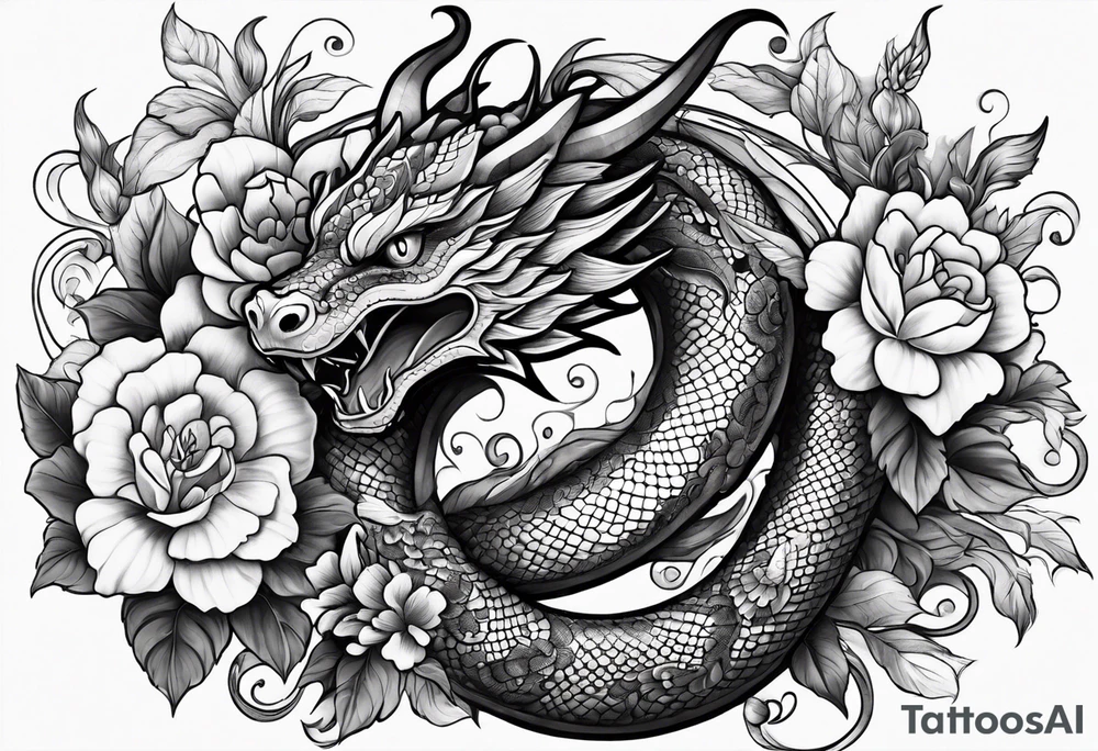 Snake dragon with flowers tattoo idea