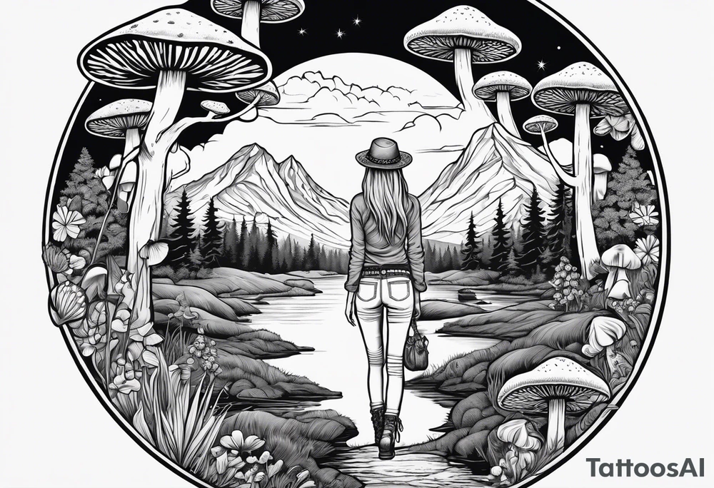 Whole picture encircled fully

Straight long blonde hair hippie girl in distance holding mushrooms in hand facing away toward mountains and creek surrounded by mushrooms long sleeve shirt and hiking pants; whole rendering within a full circle, no cut off circle tattoo idea