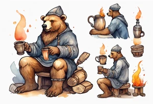 a medieval bear-human hybrid with a long beard wearing a Phrygian cap, sitting on a stool by the hearth, drinking from a wooden mug, smiling tattoo idea