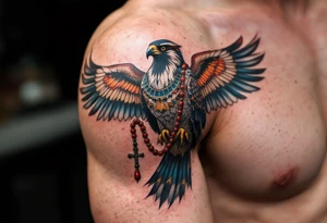 An Egyptian Falcon (Horus) Carrying a Rosary (only red, blue and black are possible colors) tattoo idea