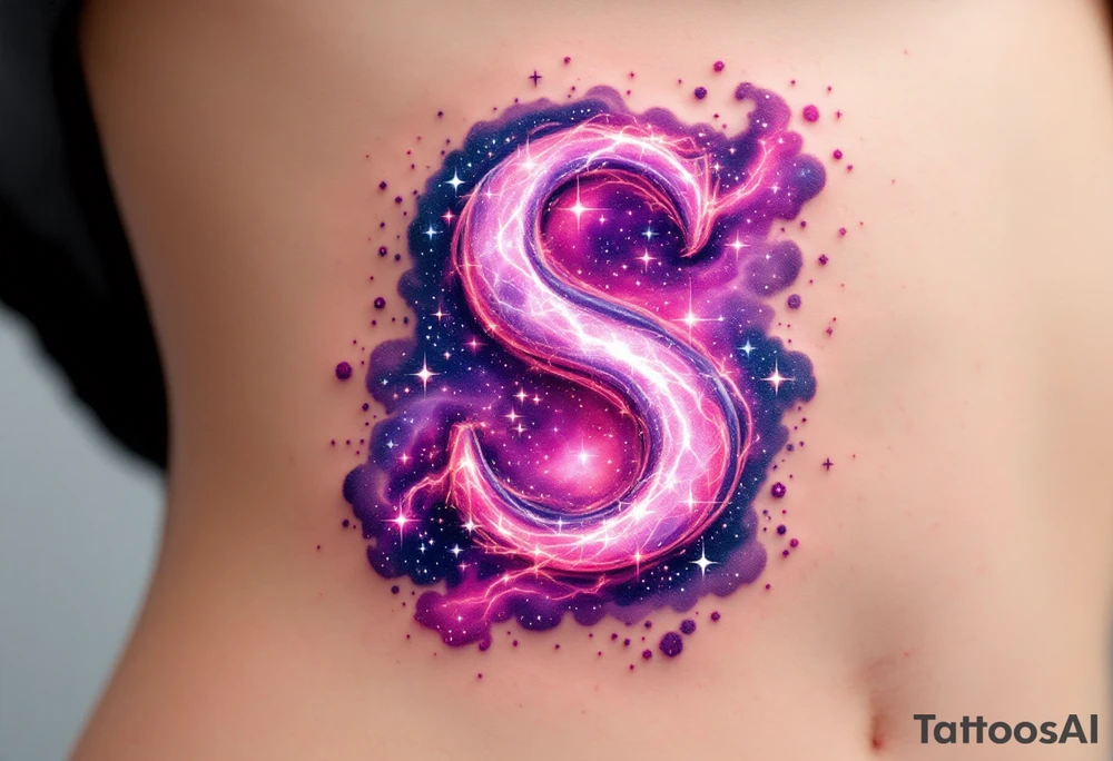 A cosmic nebula "S" in pinks and purples with stars and glowing dust clouds. tattoo idea