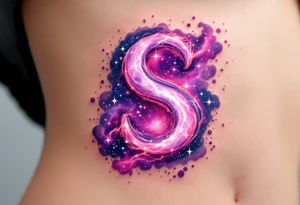 A cosmic nebula "S" in pinks and purples with stars and glowing dust clouds. tattoo idea