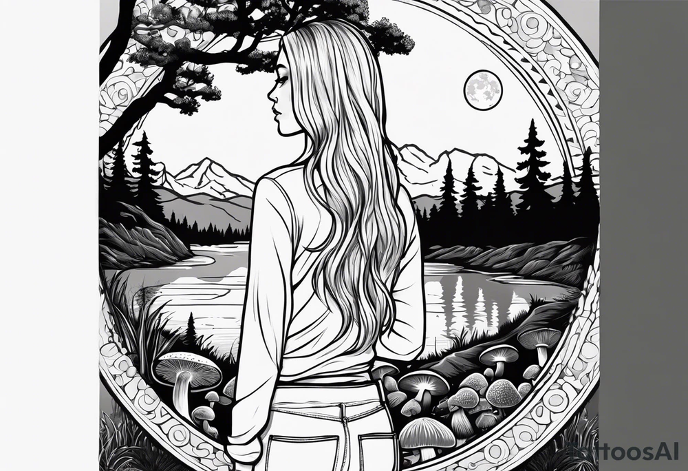 Whole picture encircled fully

Straight long blonde hair hippie girl in distance holding mushrooms in hand facing away toward mountains and creek surrounded by mushrooms long sleeve shirt and hiking pants; whole rendering within a full circle, no cut off circle tattoo idea