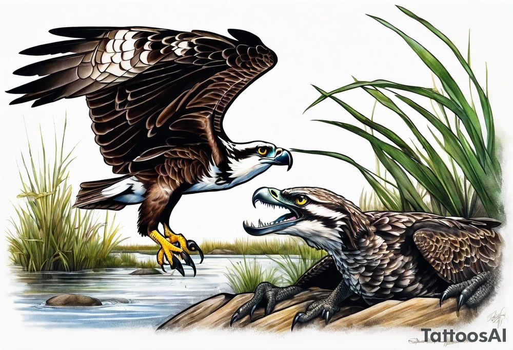 Osprey and alligator in the marsh tattoo idea