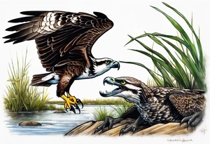 Osprey and alligator in the marsh tattoo idea