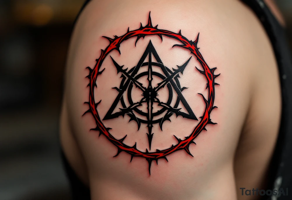 A black protective sigil on parchment-toned skin, encased in a circle of red thorns. tattoo idea