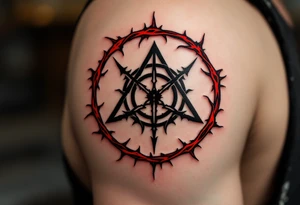 A black protective sigil on parchment-toned skin, encased in a circle of red thorns. tattoo idea
