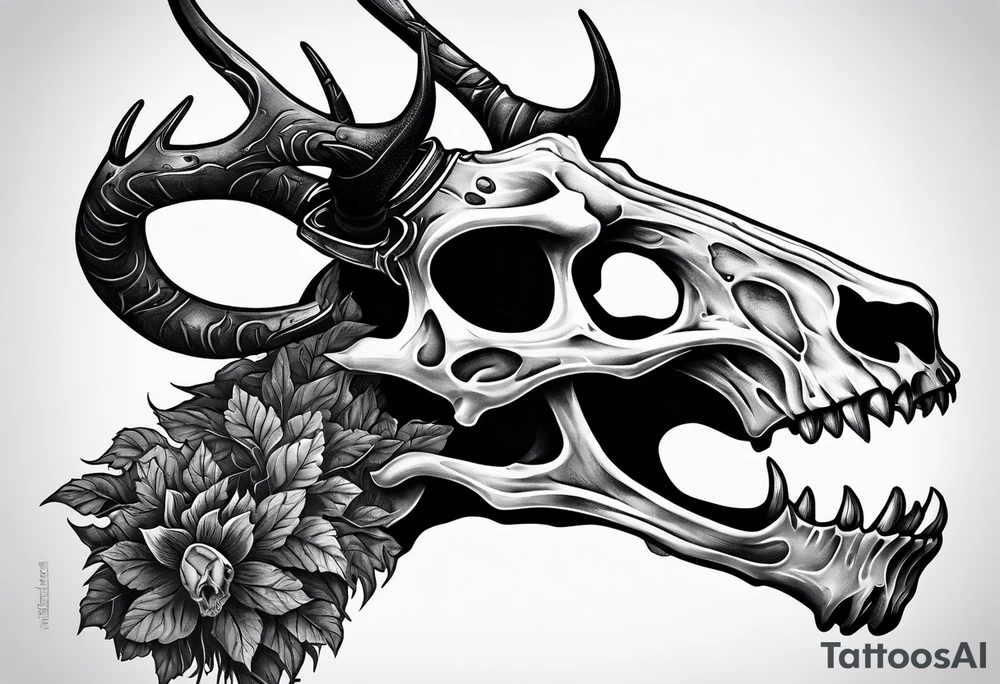 A side profile of decayed deer skull in a forest fire tattoo idea