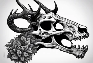 A side profile of decayed deer skull in a forest fire tattoo idea