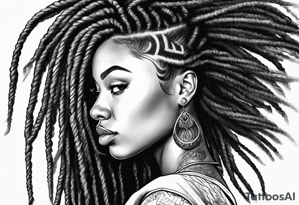 Draw a women head with real dread locks flying in the air, tattoo idea