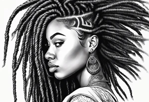 Draw a women head with real dread locks flying in the air, tattoo idea
