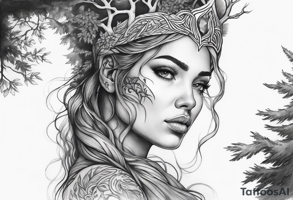 Forest goddess looking down side profile tree branches forming into her face middle arm sleeve tattoo idea