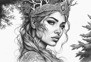 Forest goddess looking down side profile  tree branches forming into her face middle arm sleeve tattoo idea