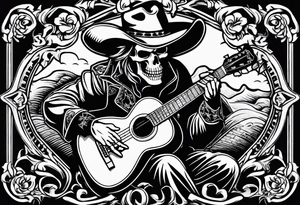 A skeleton with a cowboy hat on playing the guitar while sitting on a gravestone engraved with the words "Still Kickin'" and a pair of cowboy boots tattoo idea