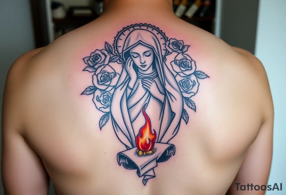 Mother mary with roses around her head, and a burnt up paper under her feet tattoo idea