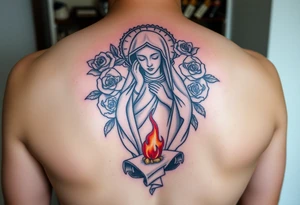 Mother mary with roses around her head, and a burnt up paper under her feet tattoo idea