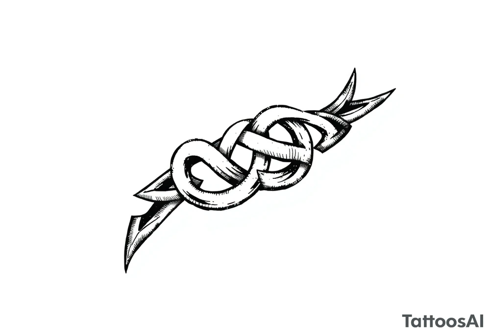 A Celtic knot armband with interwoven loops, featuring pointed ends that give it a dynamic, thorned or blade-like appearance that incorporates nature through roots Designed to wrap around the arm like a torc or tribal band tattoo idea