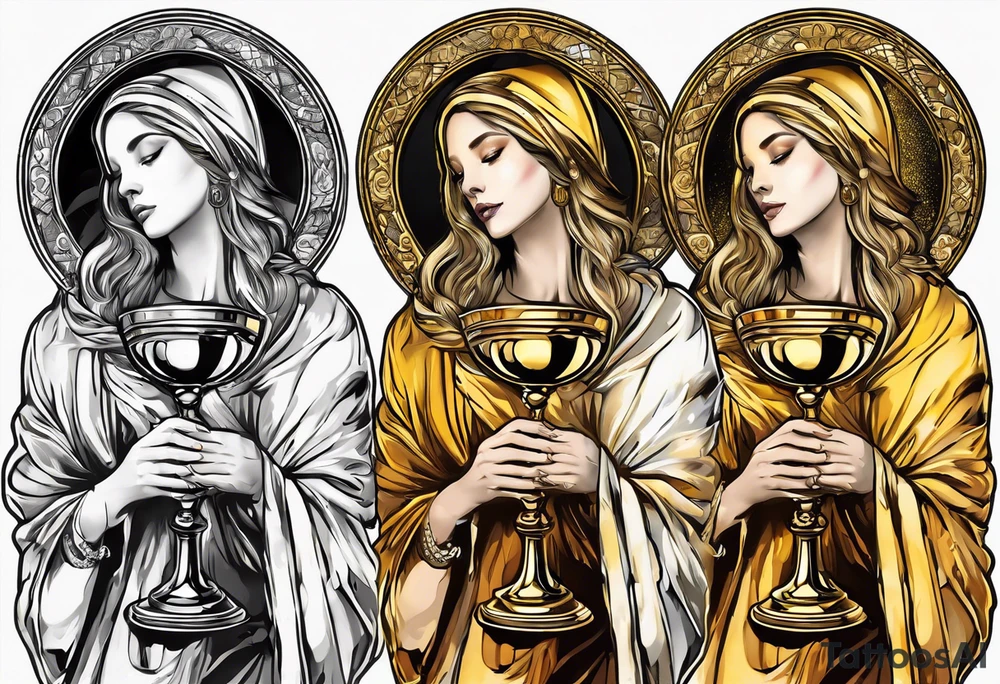 woman saint holding chalice surrounded by golden halo sideways tattoo idea
