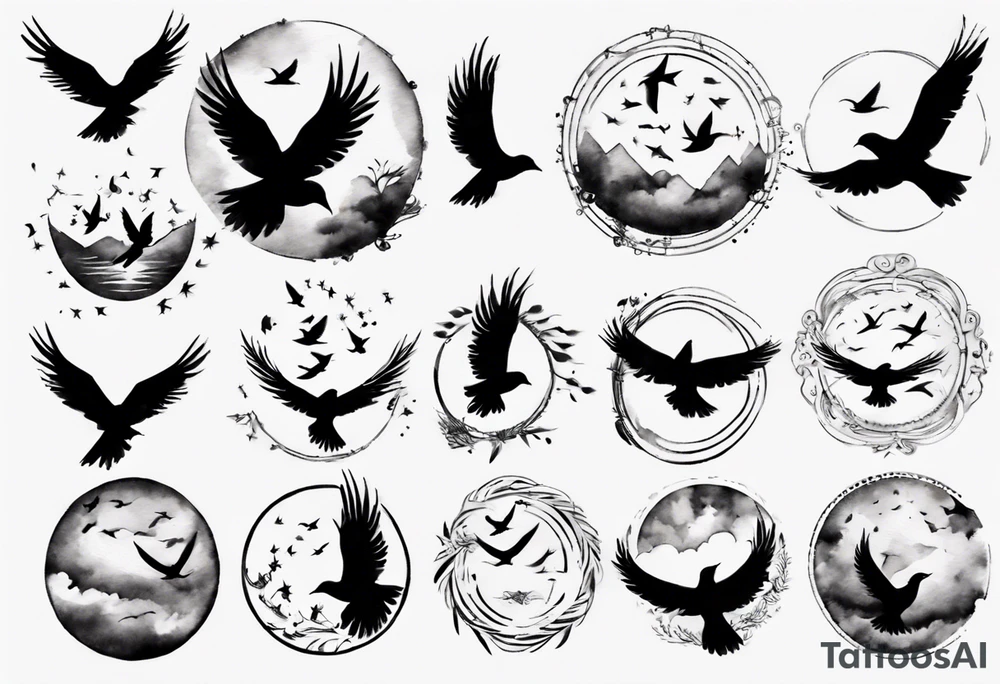 shoulder tattoo with light rays with birds flying free among the clouds, round shape, 3d effect tattoo idea shoulder tattoo with light rays with birds flying free among the clouds, round shape, 3d effect tattoo idea
