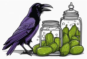 Raven perched on a spilled pickle jar pecking at the pickles tattoo idea