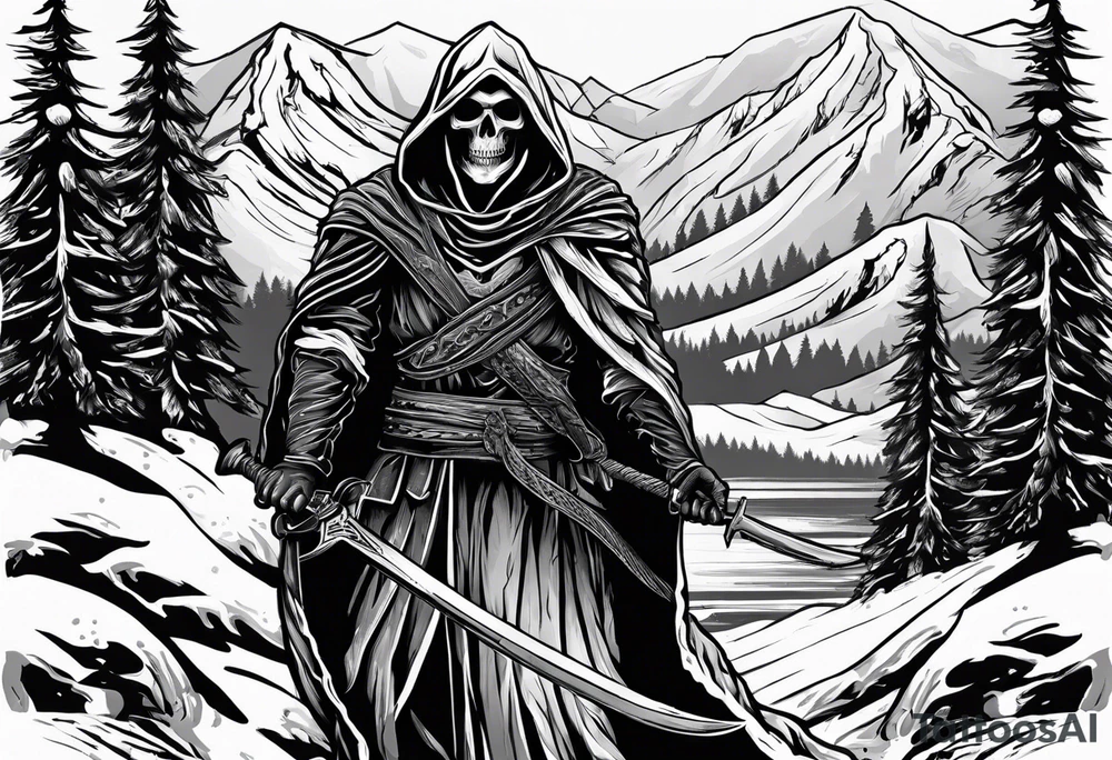 Grime reaper with snow and in the mountains tattoo idea