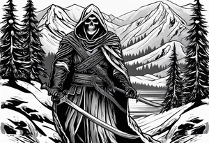 Grime reaper with snow and in the mountains tattoo idea
